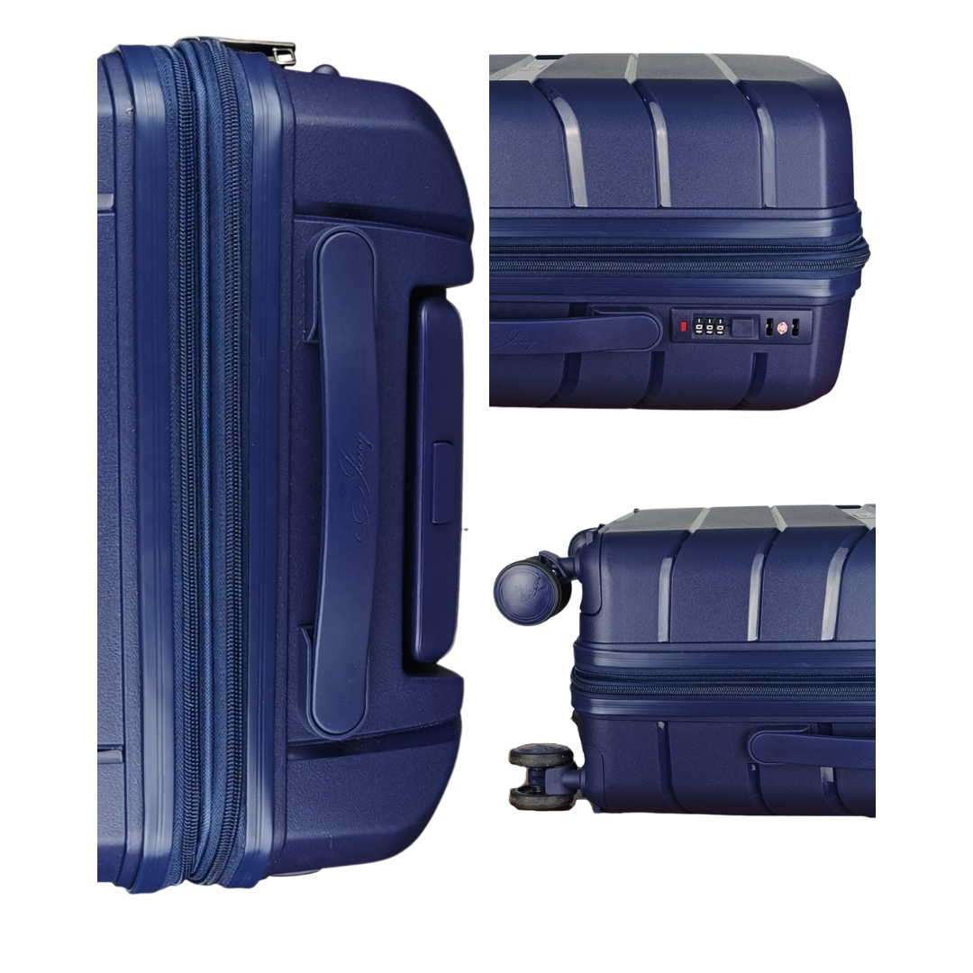 Maleta de polipropileno Jhonnys color azul oscuro – detalle de expansión, candado y ruedas